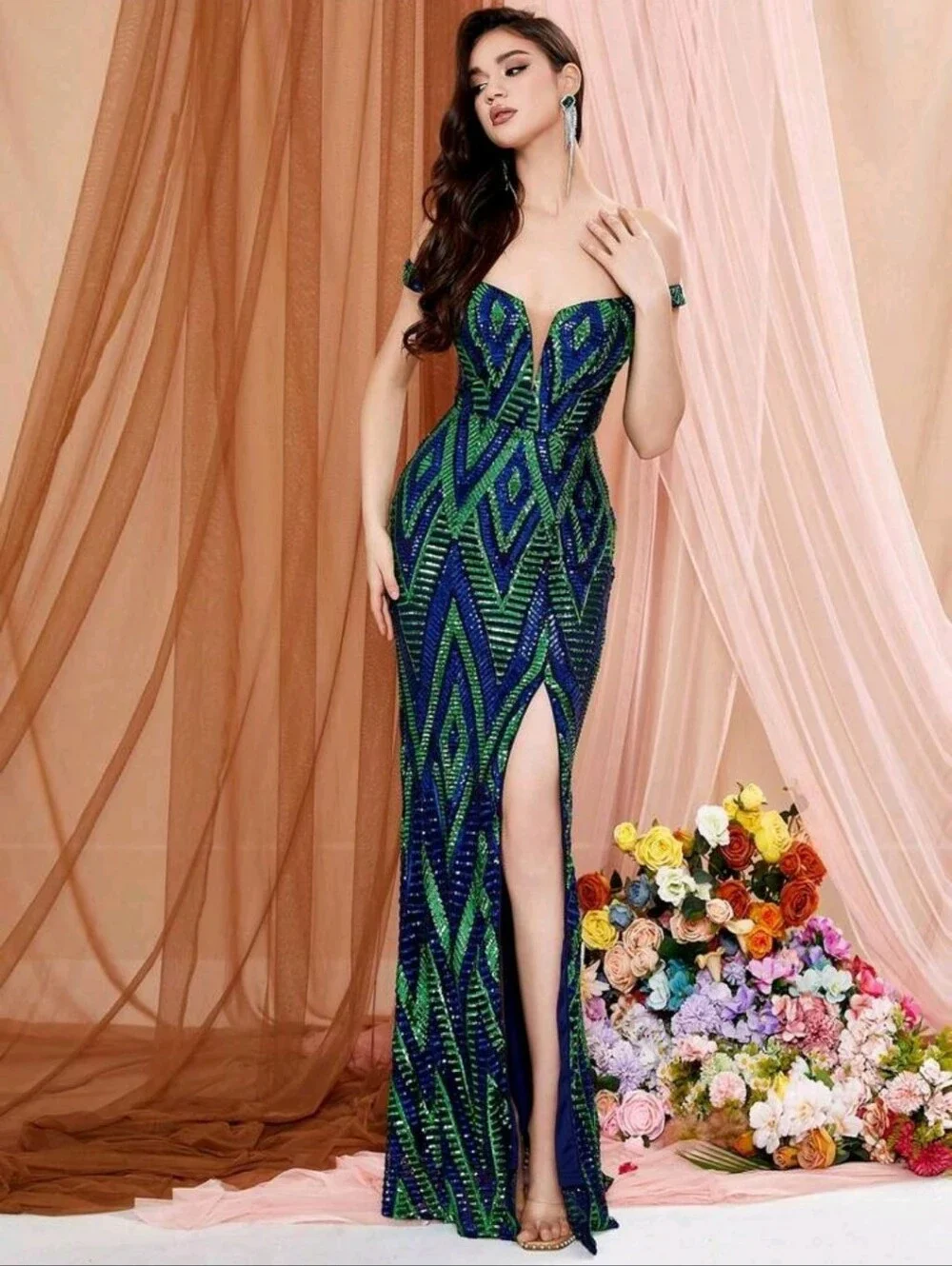 Off-Shoulder Navy and Green Sequin Evening Gown